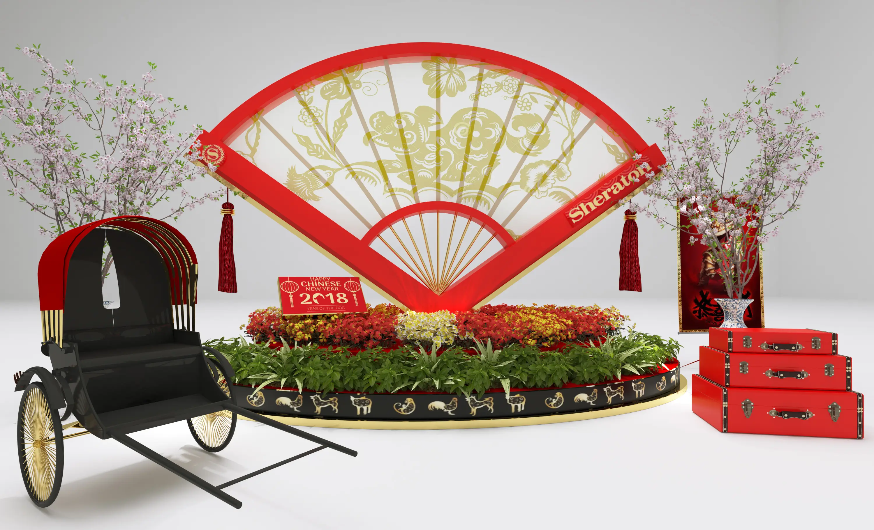 Chinese New Year display with giant red-gold fan backdrop, rickshaw, blossom trees and zodiac flower bed