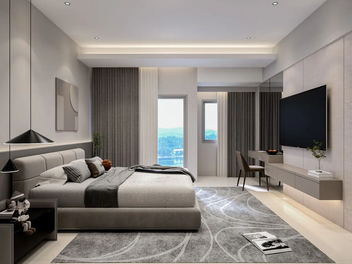 Bedroom with a wall-mounted TV, floating console, upholstered bed and a desk by the window