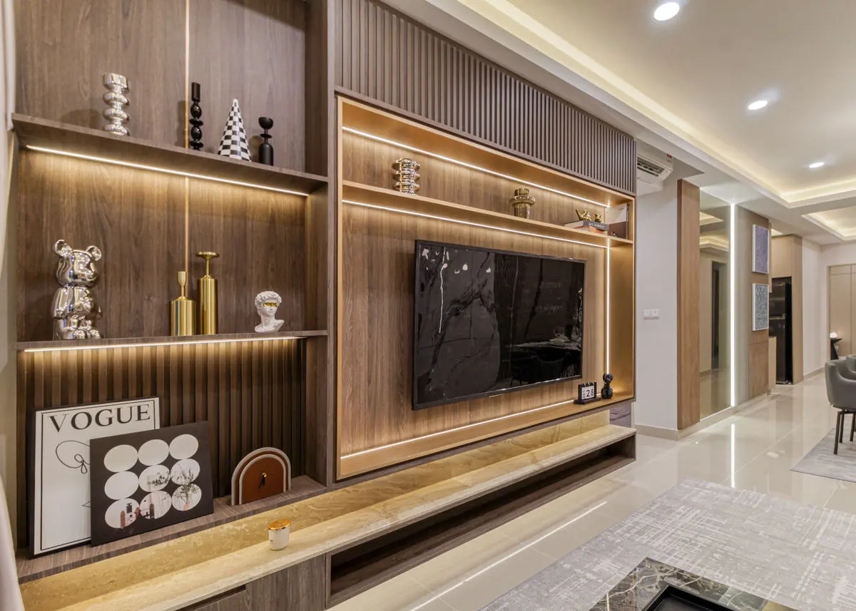 Living room with a fluted timber TV wall, backlit display shelving and marble flooring