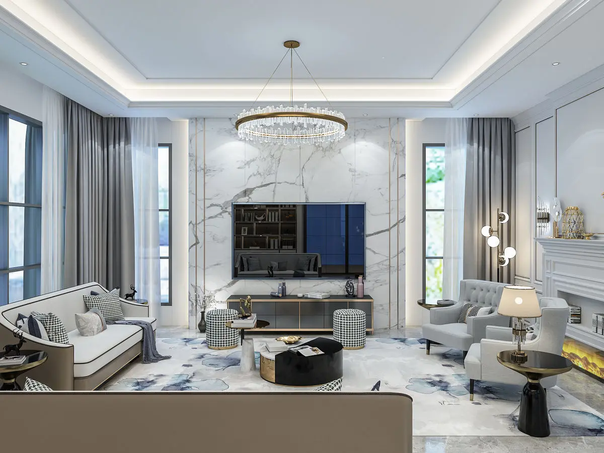 Double-height living room with a marble TV feature wall, chandelier and pale sofas on a patterned rug