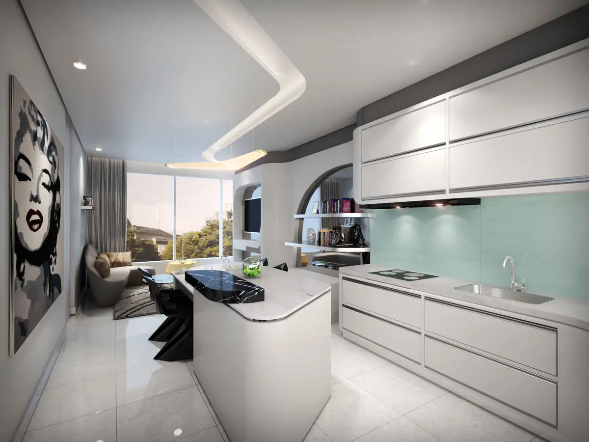 Kitchen with a curved island, mint glass splashback and a curved ceiling detail