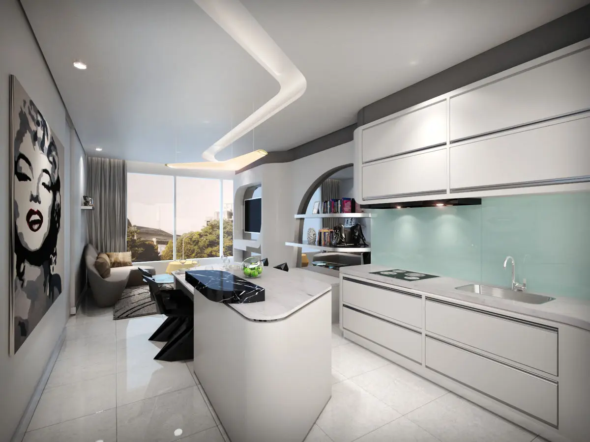 Kitchen with a curved island, mint glass splashback and a curved ceiling detail