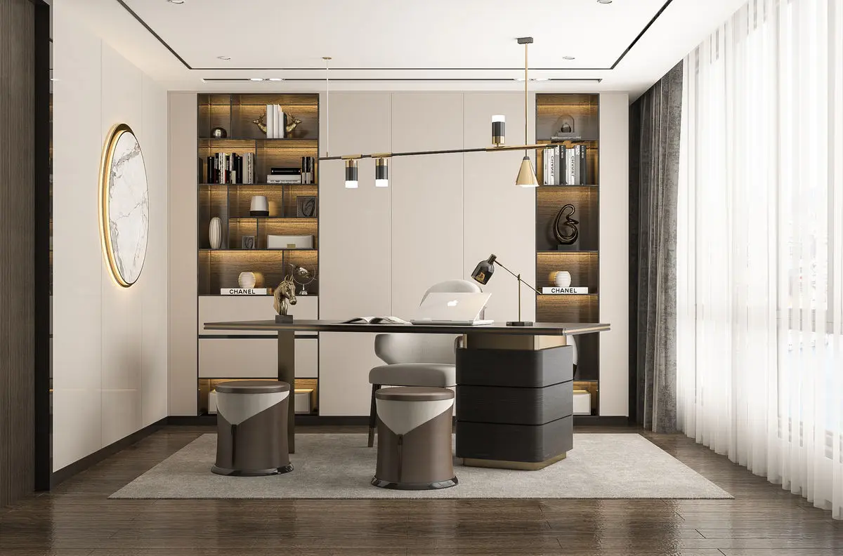 Study with a dark timber desk, backlit display shelving and a round wall mirror
