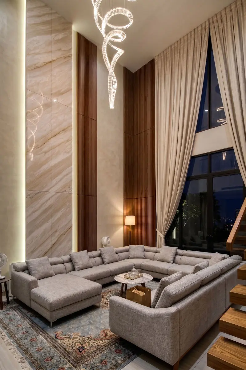 Double-height living room with a marble feature wall, sectional sofa and tall curtains