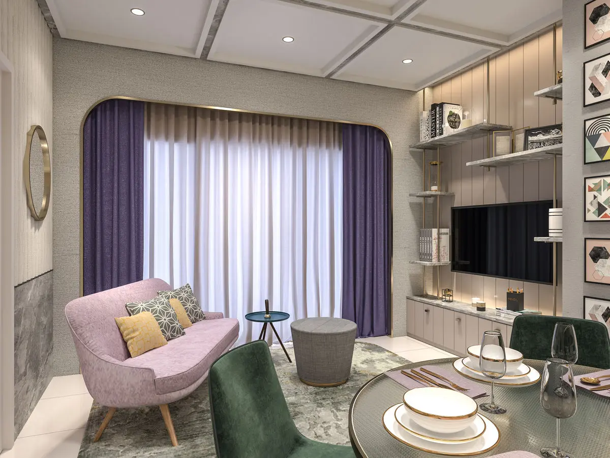 Living and dining area with a purple curtain, green chairs and built-in shelving