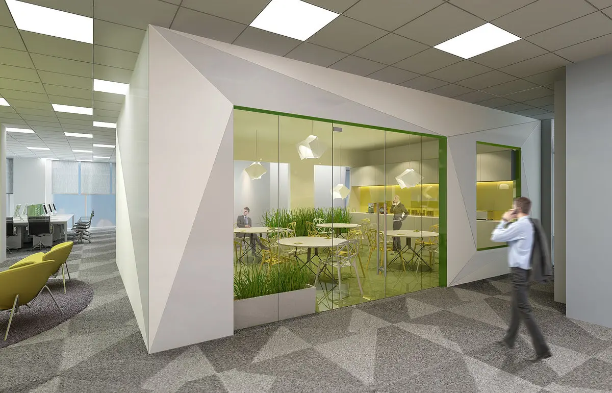 Office with a sculptural white meeting pod and open-plan desks beyond
