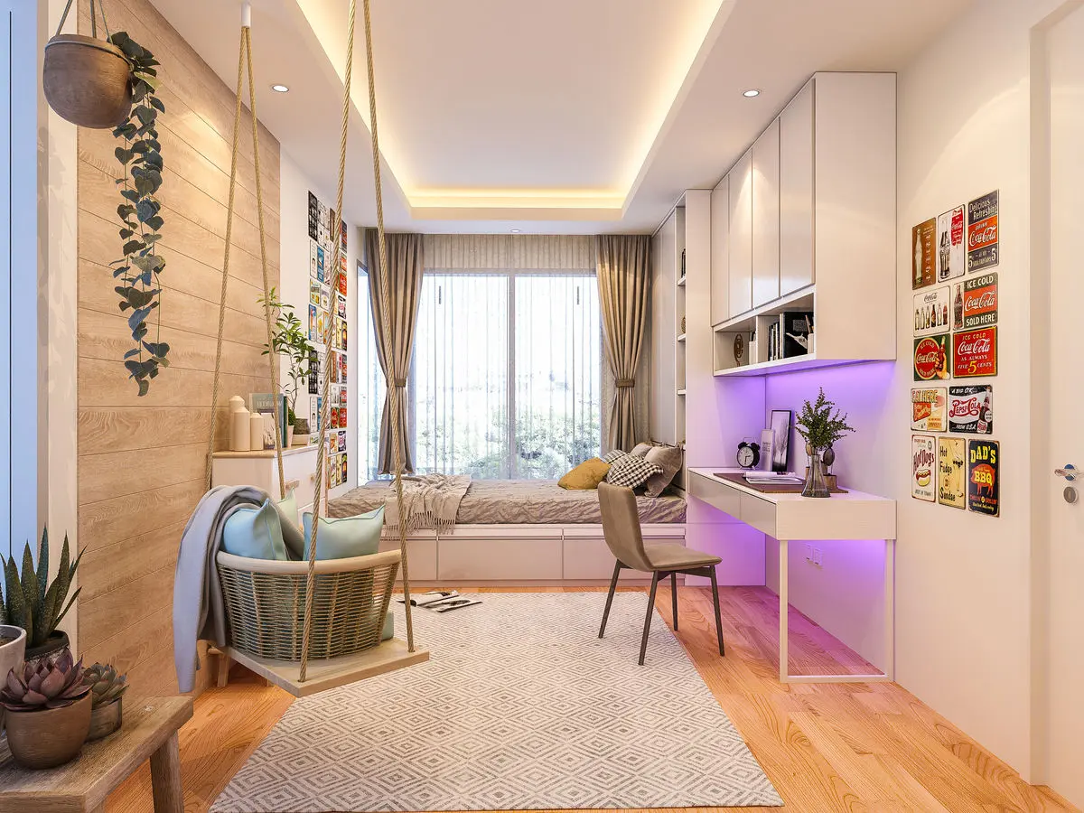 Bedroom with a timber feature wall, window bench seat, hanging rattan chair and a study desk lit with purple LED strips