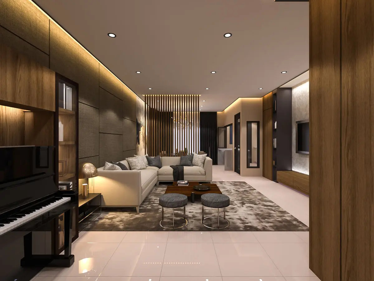 Living room with timber slat panelling, a pale sectional sofa and a piano in the foreground