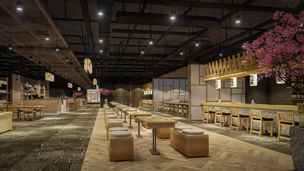 Food hall with timber counters, stone flooring and blossom trees under an exposed ceiling
