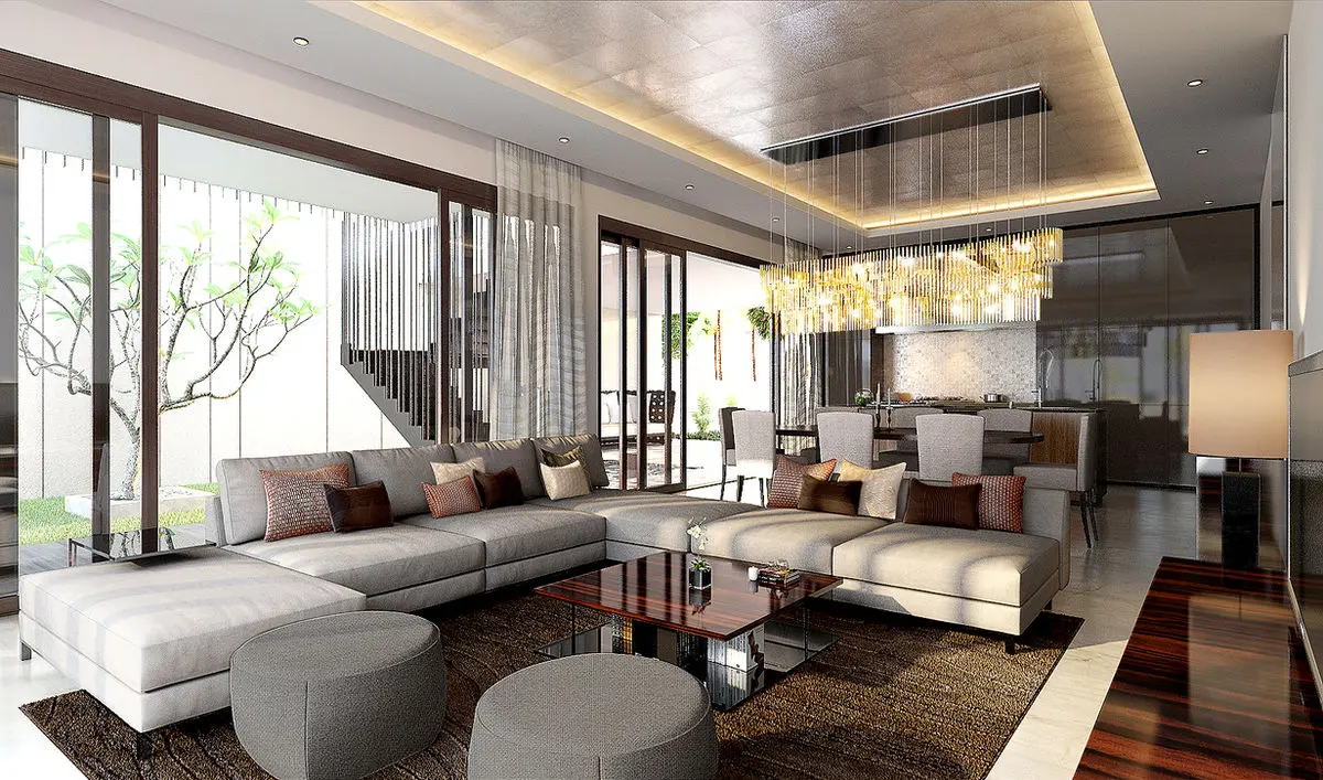 Living room opening to a garden, with a pale sectional sofa and timber ceiling