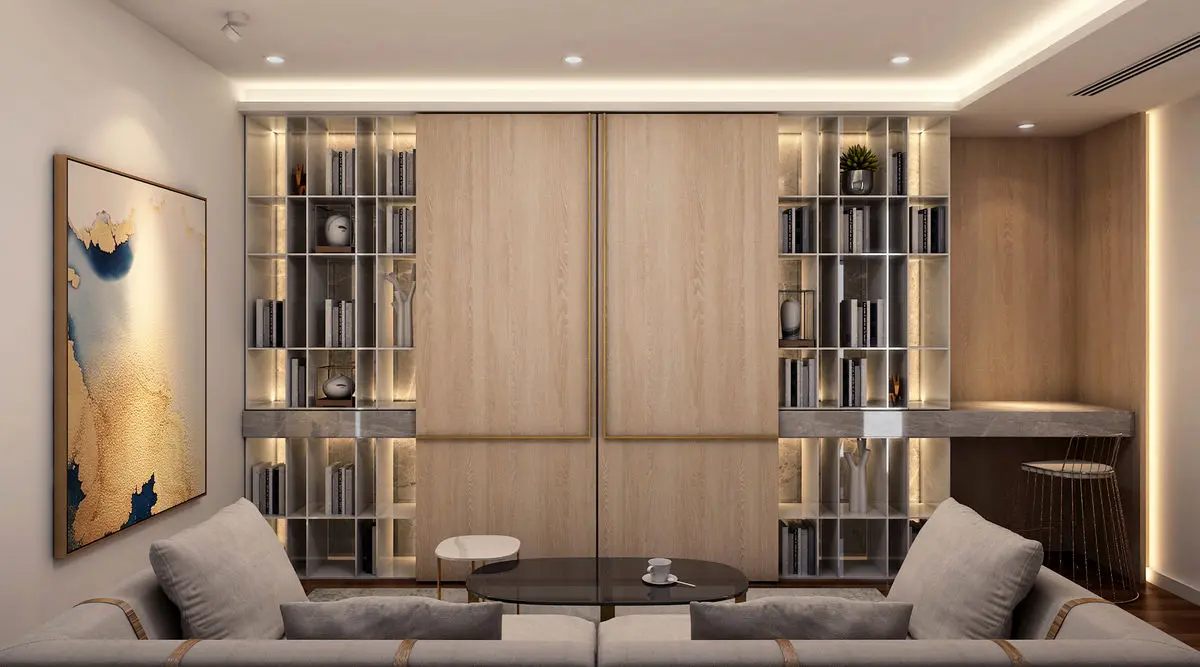 Living room with a timber feature wall flanked by backlit bookshelves and low sofas