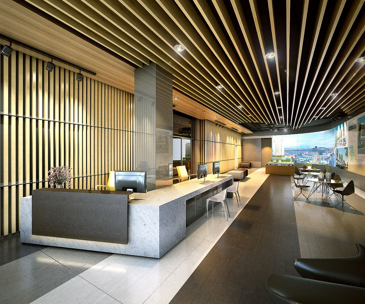 Sales gallery with a timber batten ceiling, long reception counter and display screens