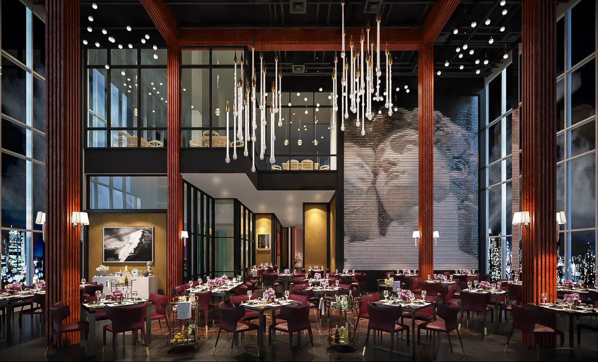 Double-height restaurant with timber columns, cascading pendant lights and set tables