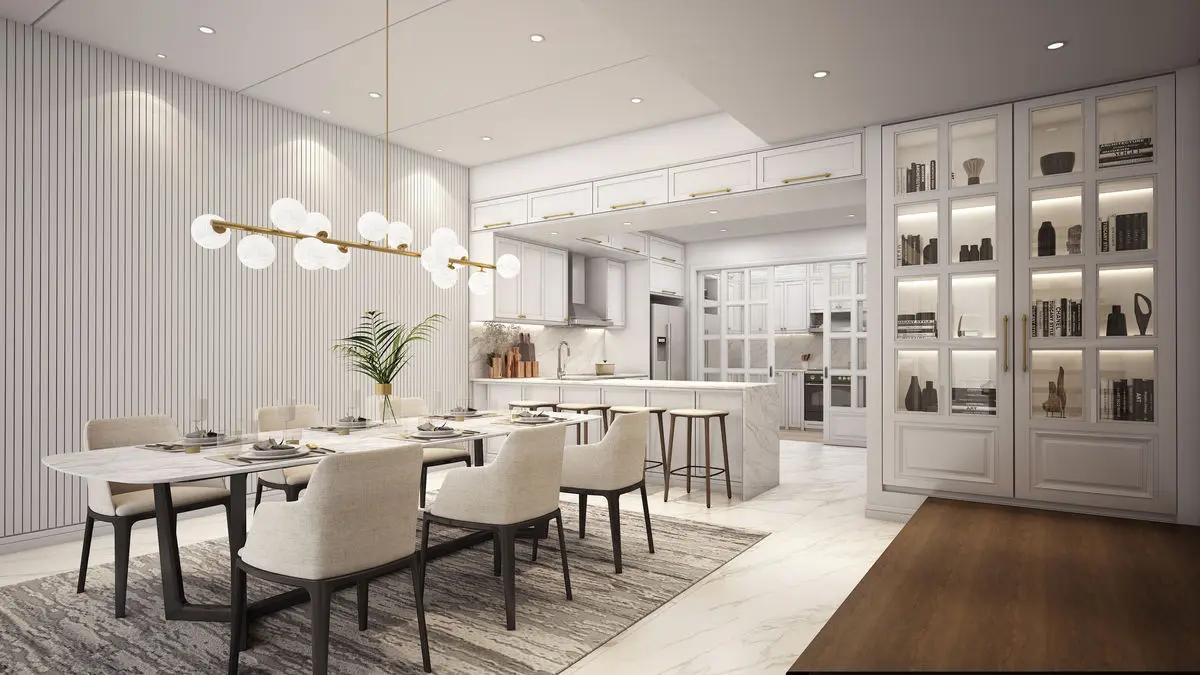 Dining area with a marble-topped table, glazed display cabinets and a linear chandelier