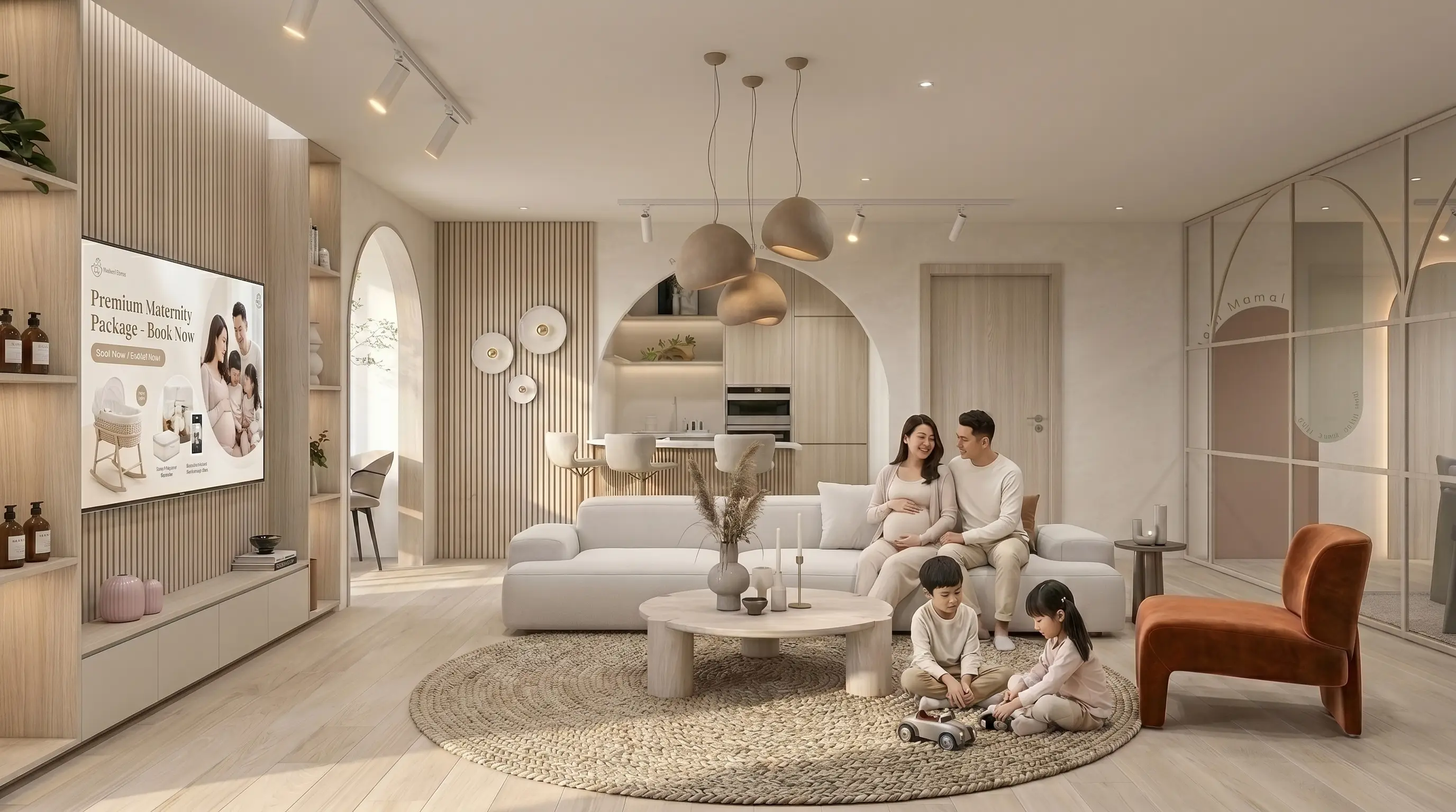 Beige maternity suite lounge with arched openings, fluted timber, bouclé sofa, ceramic pendants and jute rug