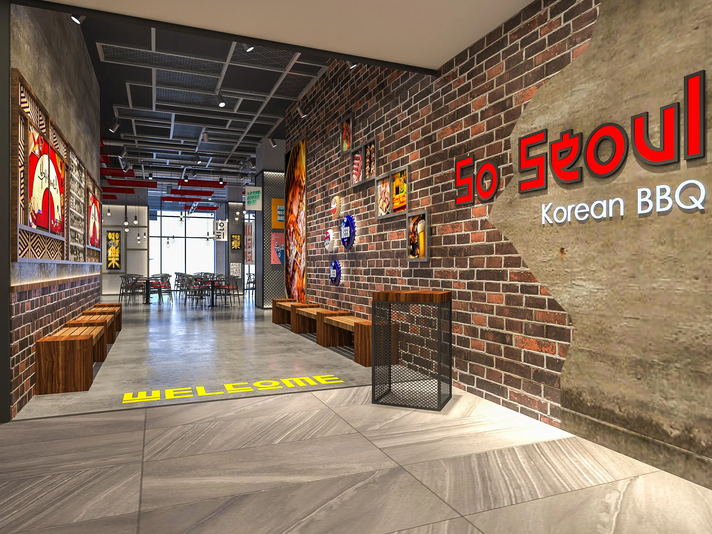 So Seoul Korean BBQ entry with exposed brick, timber benches and red neon-style lettering