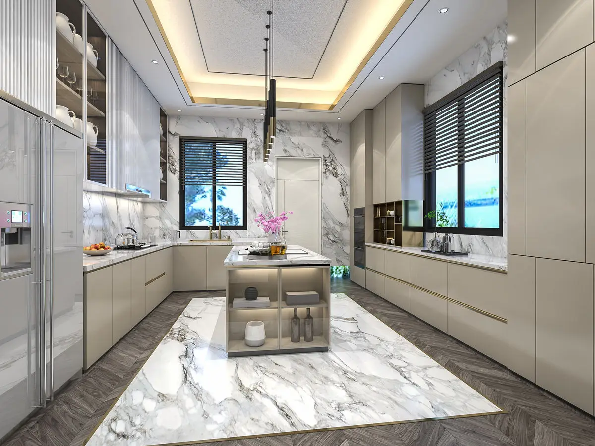 Kitchen with a marble island, glossy handleless cabinets and marble splashback