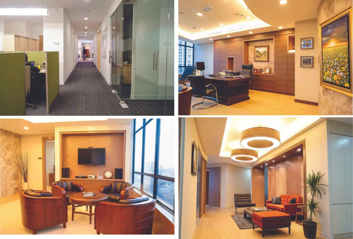 Collage of office spaces — corridor, executive room, meeting lounge and waiting area