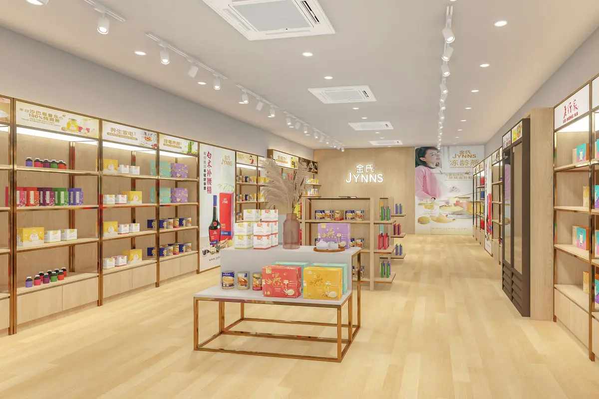 Store aisle with timber shelving, a central display table and light wood flooring