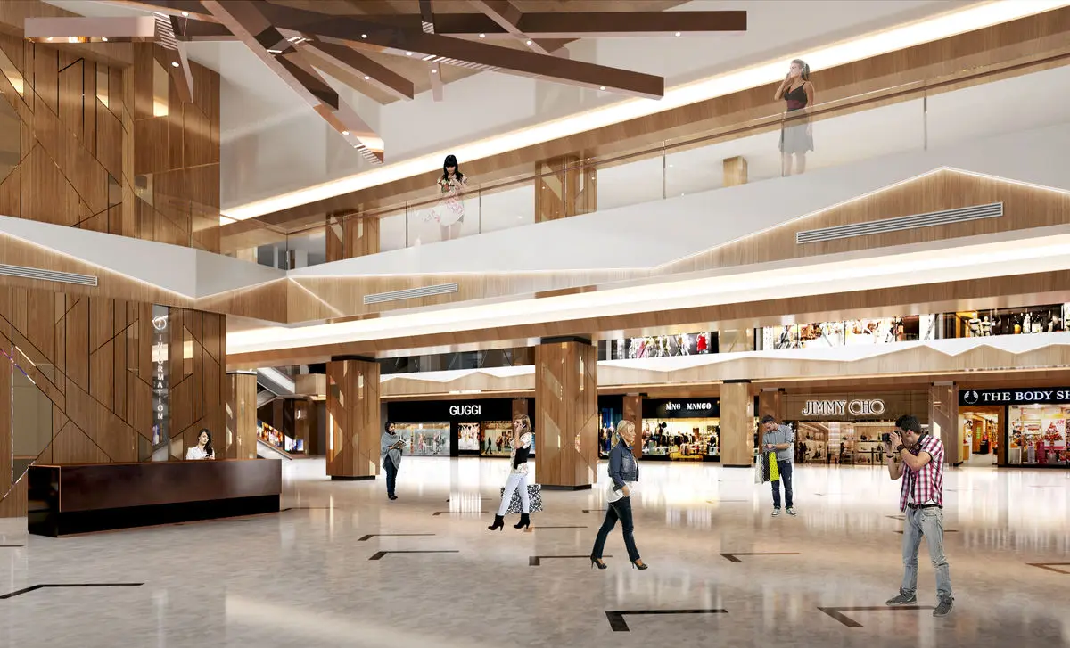 Mall interior with timber-clad columns, exposed beams and luxury storefronts