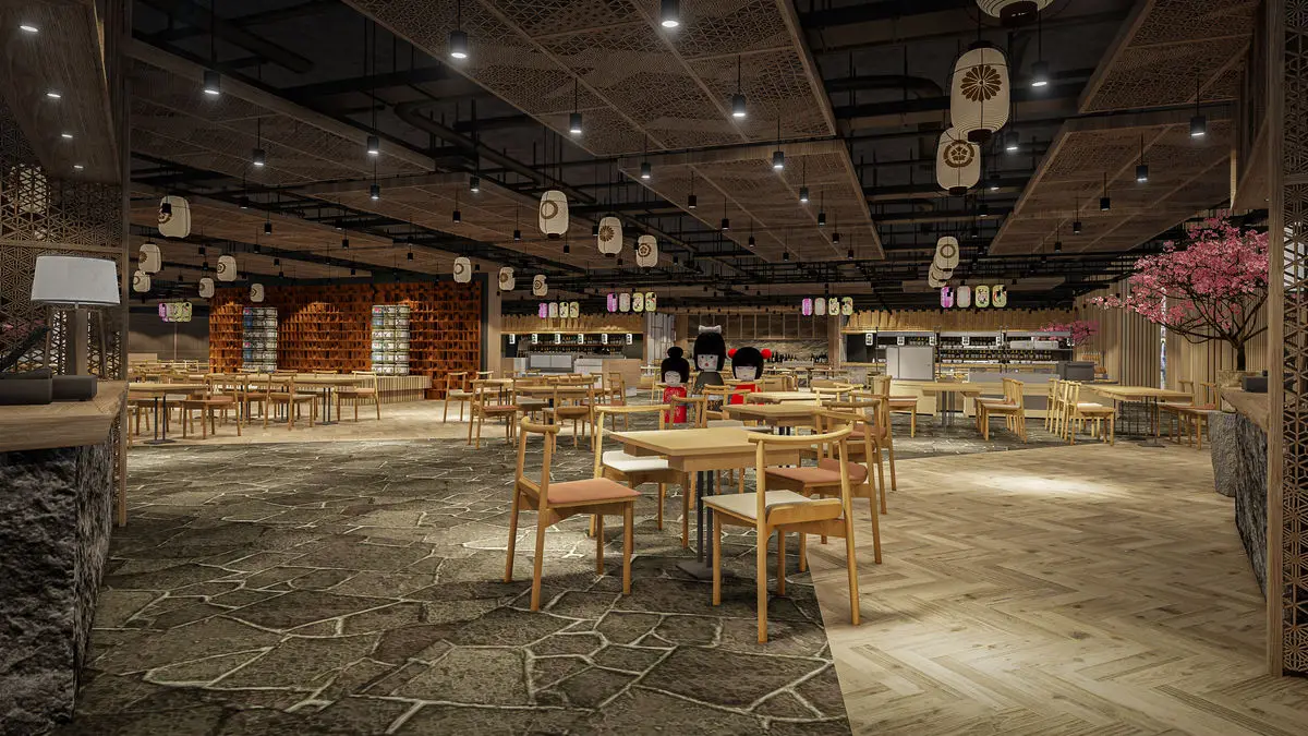 Food hall seating with timber tables, hanging lanterns and stone paving