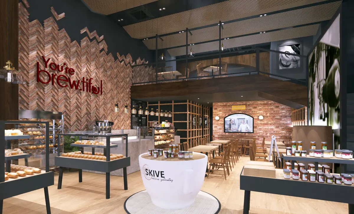 Bakery with a herringbone feature wall, central display island and neon signage