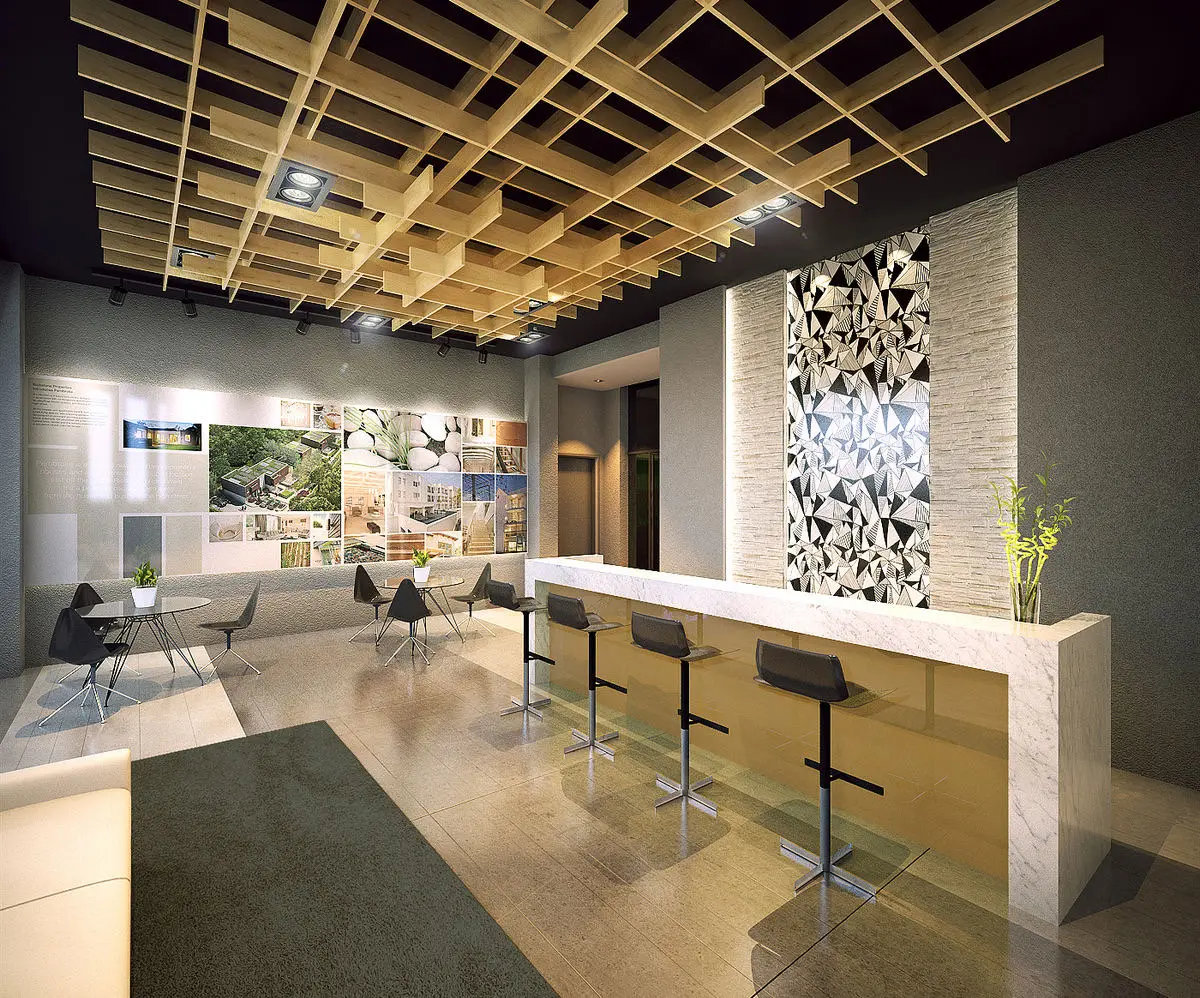 Sales gallery with a timber grid ceiling, stone counter and bar stools