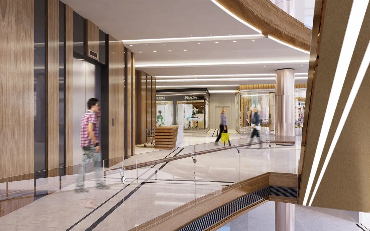 Mall walkway with lift lobby, timber ceiling detailing and shoppers