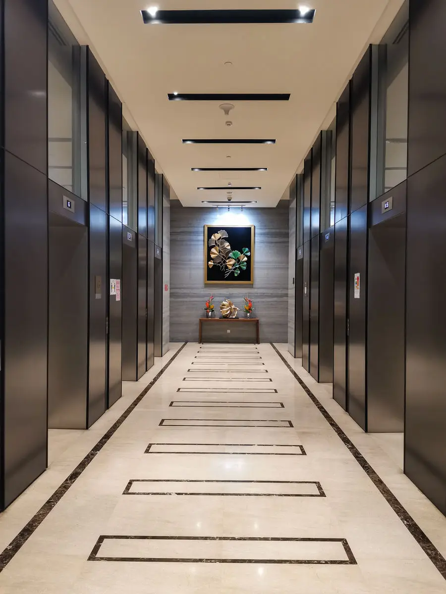 Lift lobby with dark metal doors, inlaid floor banding and a framed artwork