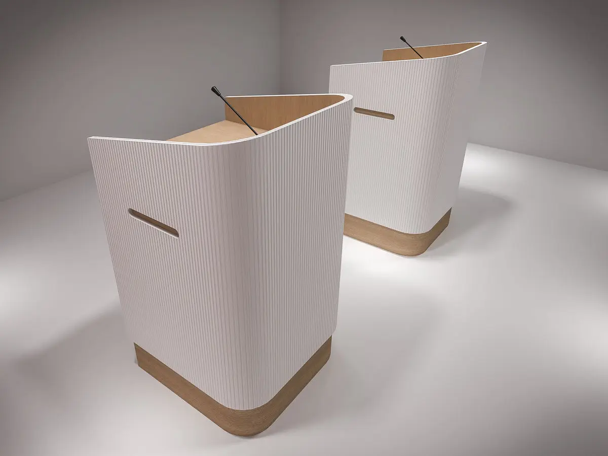 Two fluted timber-based lecterns on a plain background