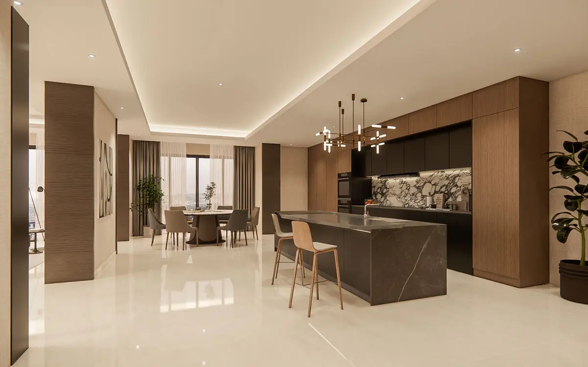 Living and dining area with a stone-topped island and pendant lights over the counter