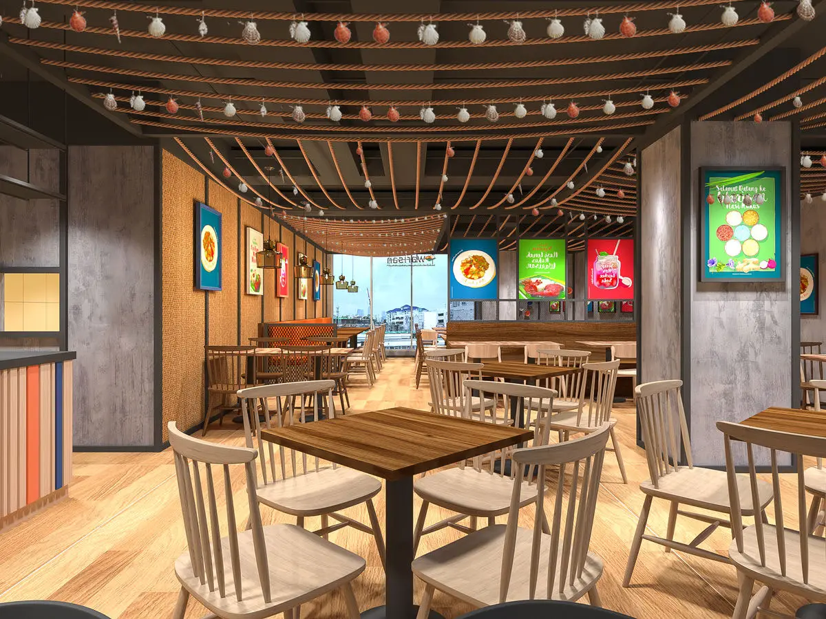Dining area with timber tables, spindle chairs and a decorative ceiling frame