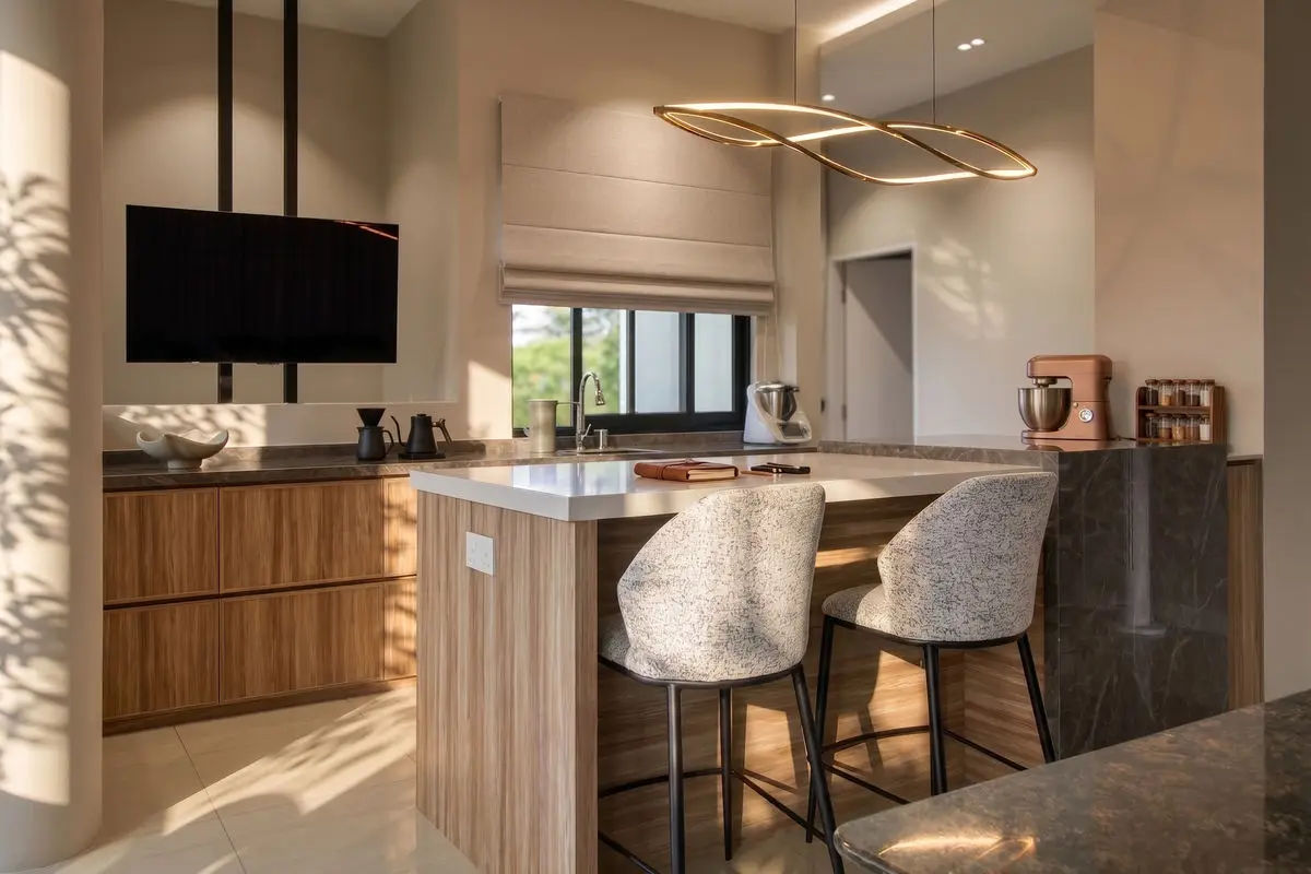 Kitchen with a stone-topped island, bar stools and a linear pendant light