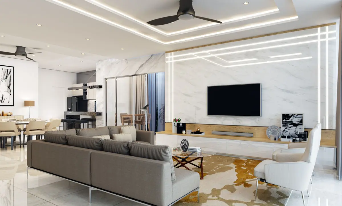 Living room with a marble TV feature wall, grey sofa and a patterned rug