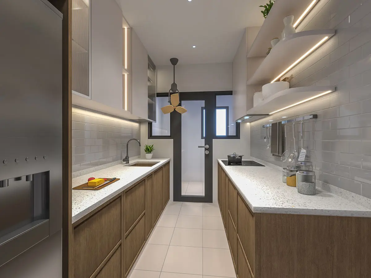 Galley kitchen with timber cabinets, stone worktops and a glazed door to the yard