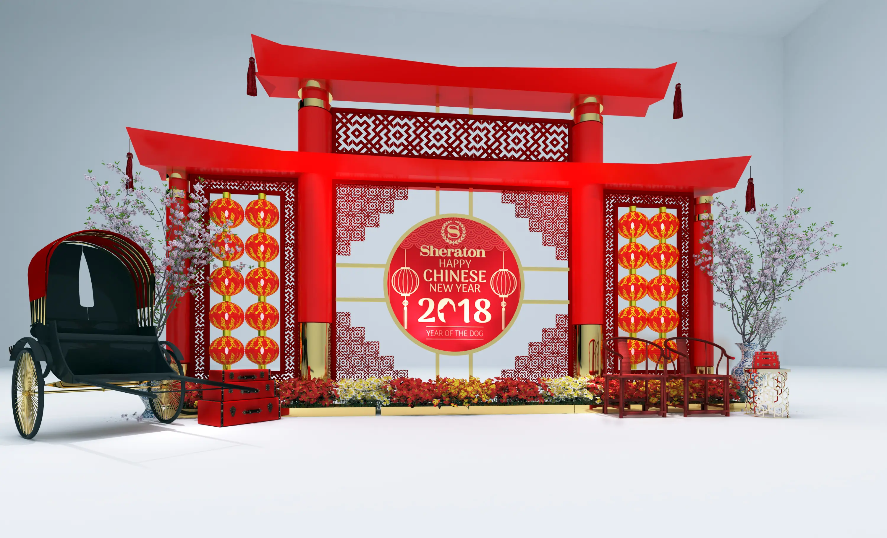 Sheraton Chinese New Year gateway set: red lacquer arch, lantern columns, blossom trees and rickshaw