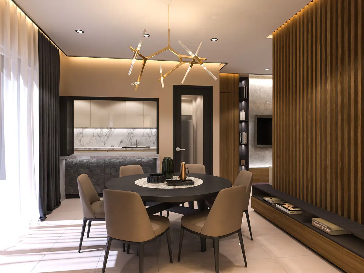 Dining area with a round table, sputnik chandelier and fluted timber wall panelling