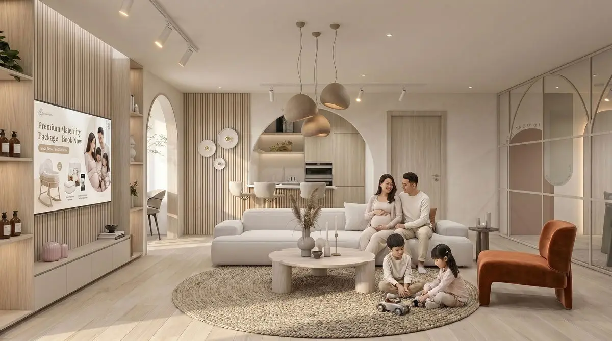 Family lounge with a curved sofa, arched joinery and a wall-mounted display screen