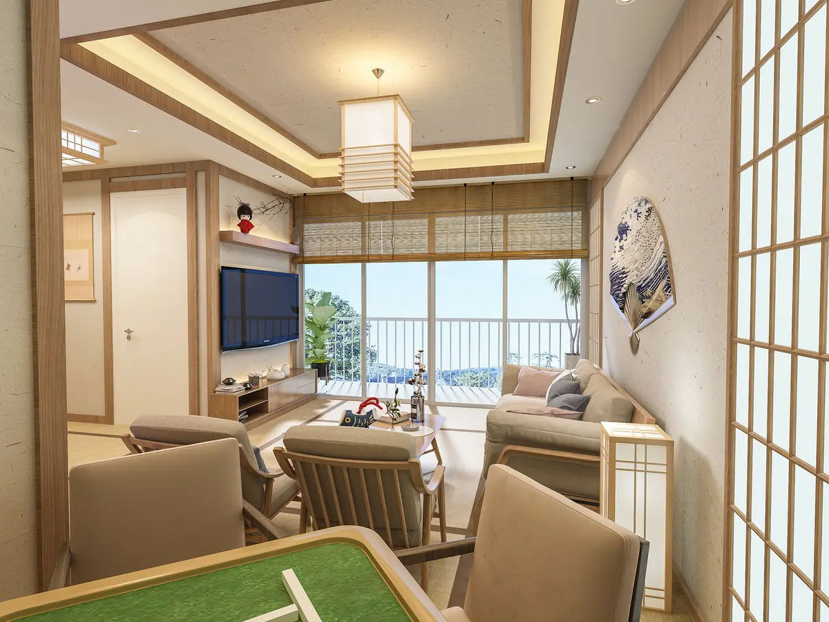 Living area with shoji-style timber screens, a wall-mounted TV, low armchairs and a putting green mat by the balcony