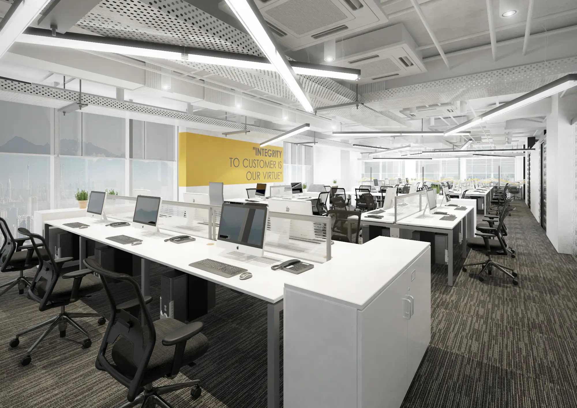 Open-plan office of white bench desks, mesh chairs, exposed services ceiling and yellow slogan wall