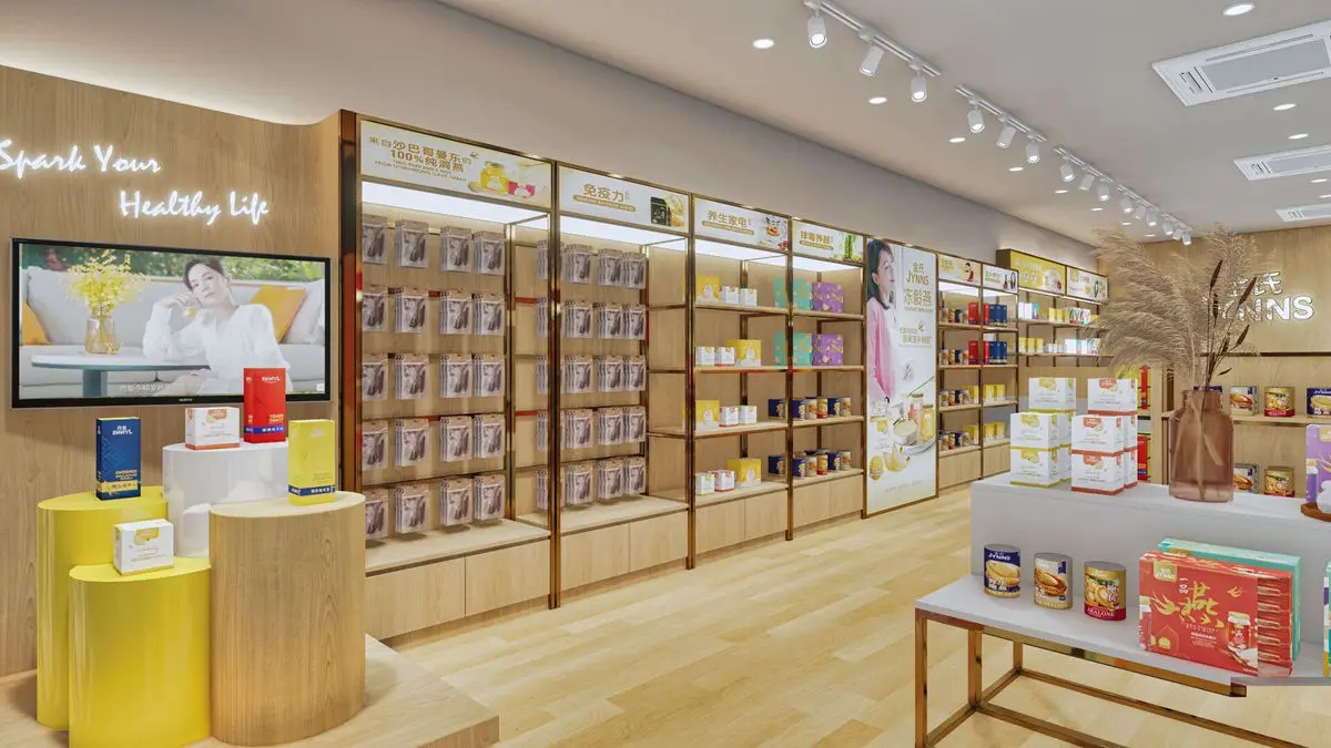 Product wall with a video screen and a yellow curved display podium