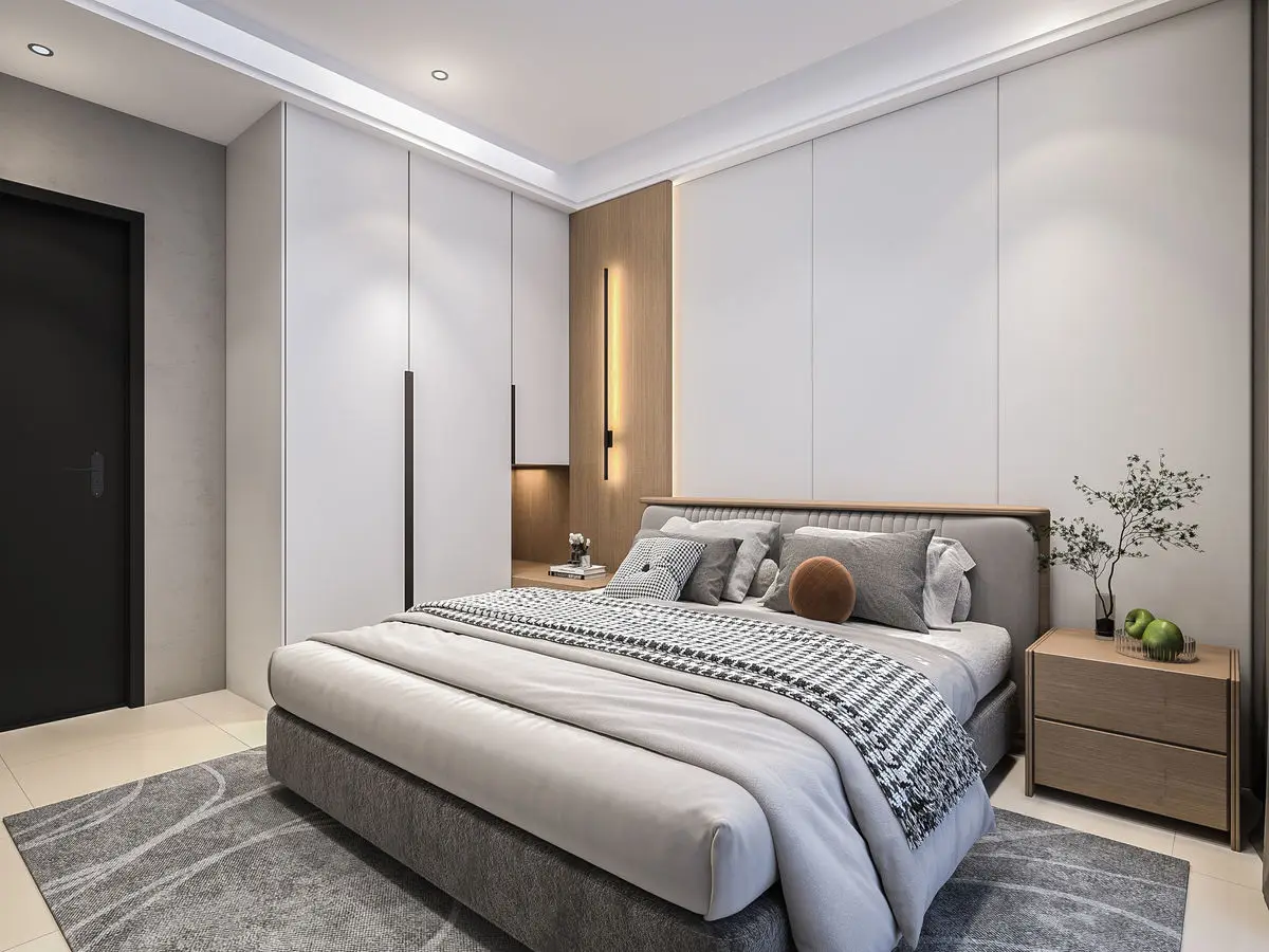 Bedroom with full-height wardrobes, a timber headboard and bedside cabinets