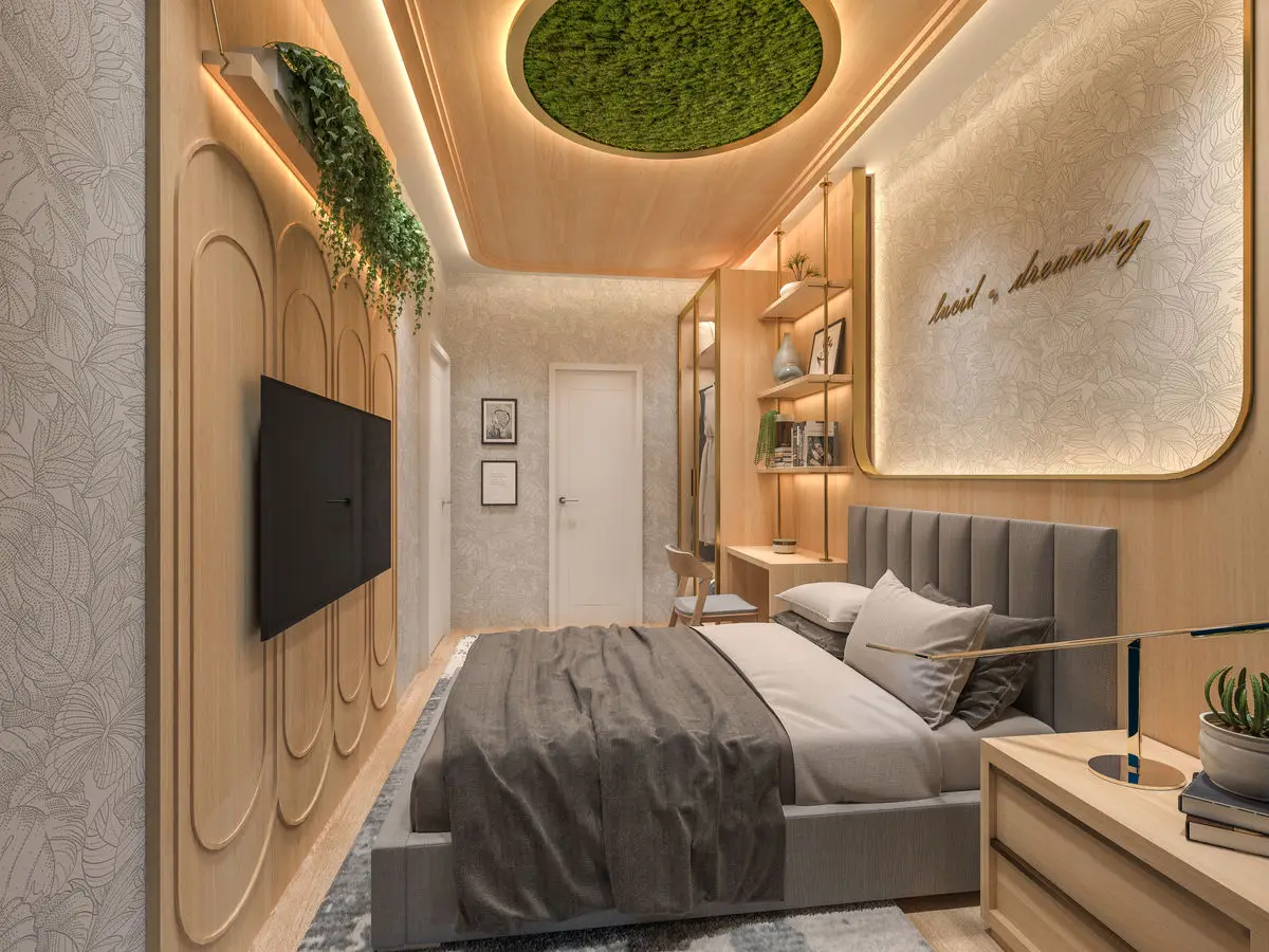 Bedroom with a moss-panel ceiling detail, arched timber panelling and a wall-mounted TV