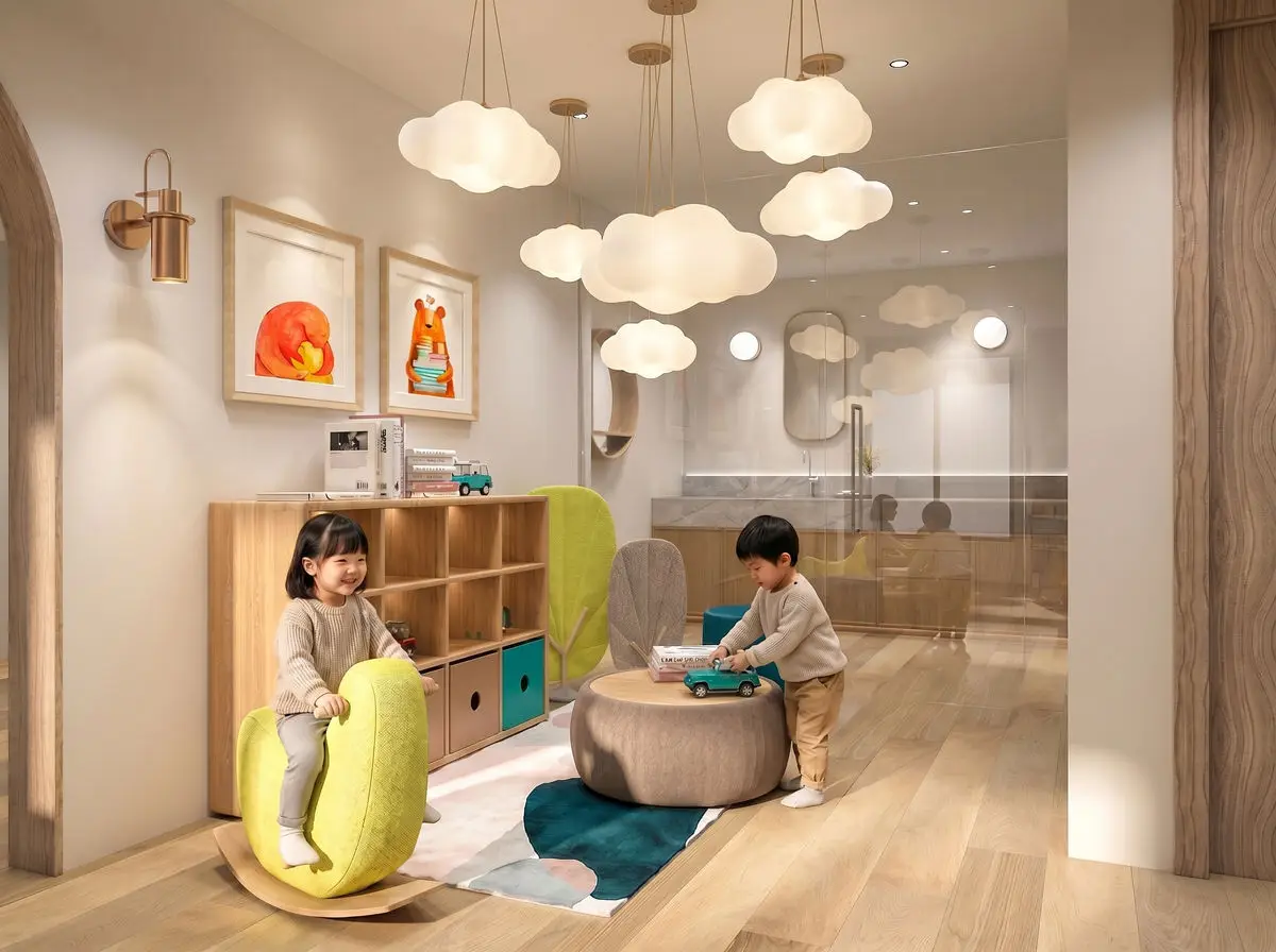 Children's play area with cloud pendant lights, a rocker and low toy storage