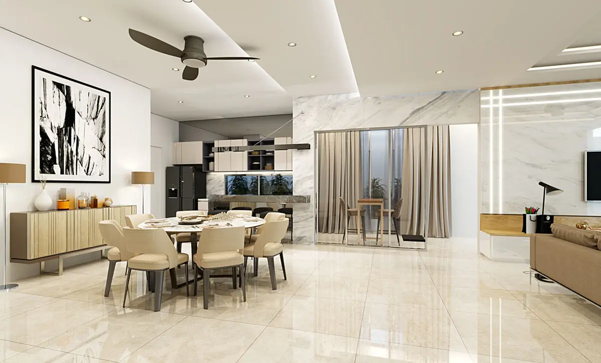 Open living and dining area with marble flooring, a ceiling fan and kitchen beyond