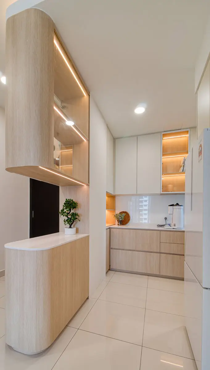 Kitchen viewed along the corridor, with a curved cabinet end and backlit shelving