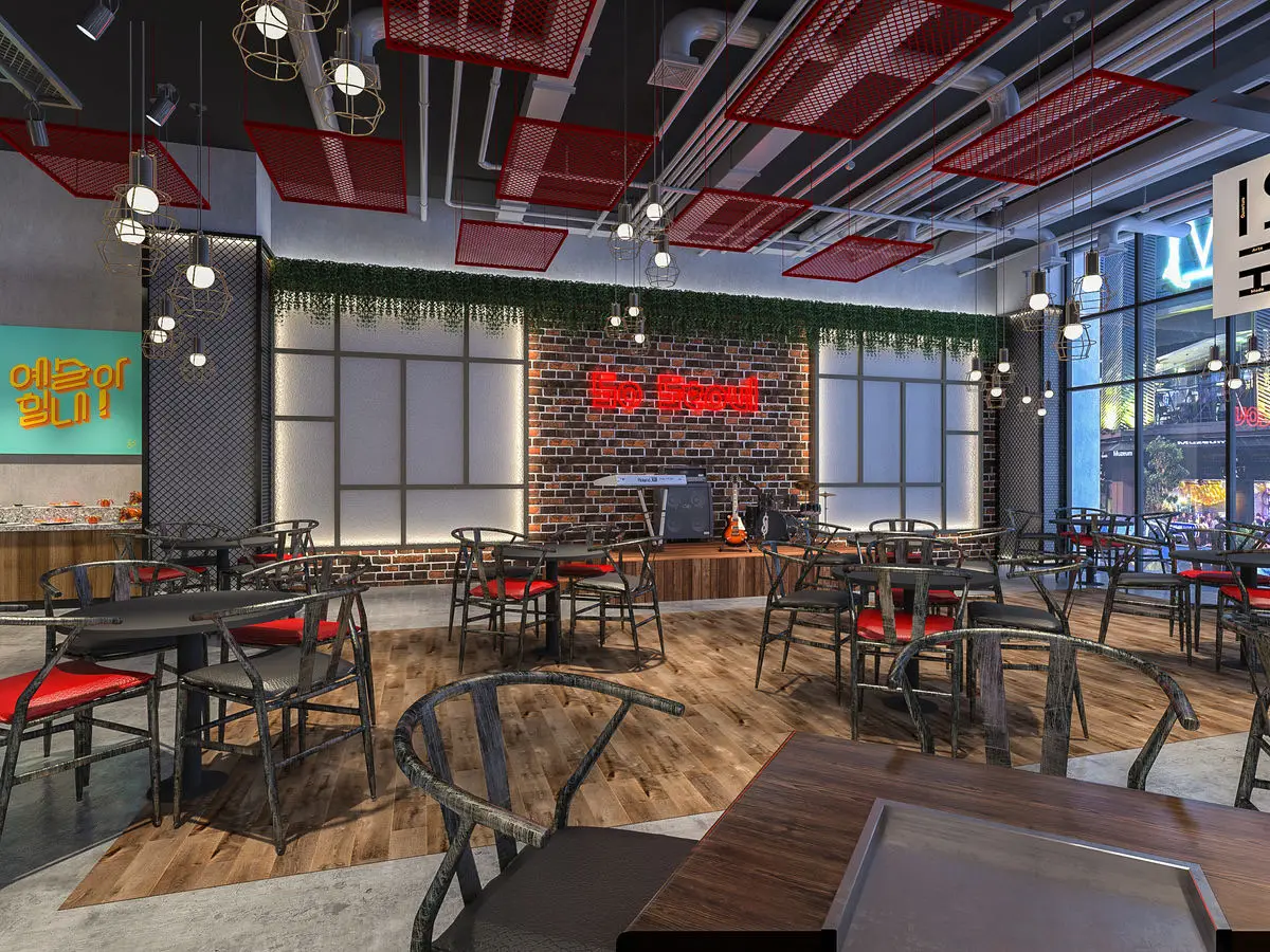 Dining area with red ceiling grilles, planting and grill tables