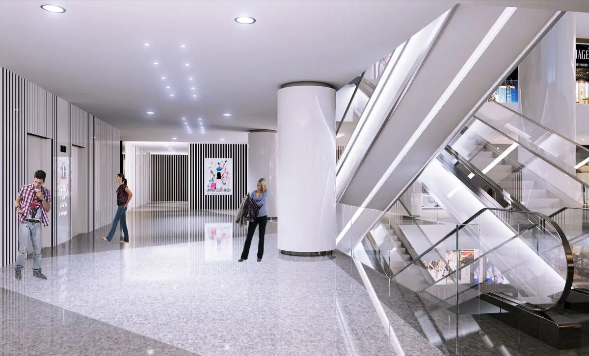 Mall walkway with escalators, columns and terrazzo flooring