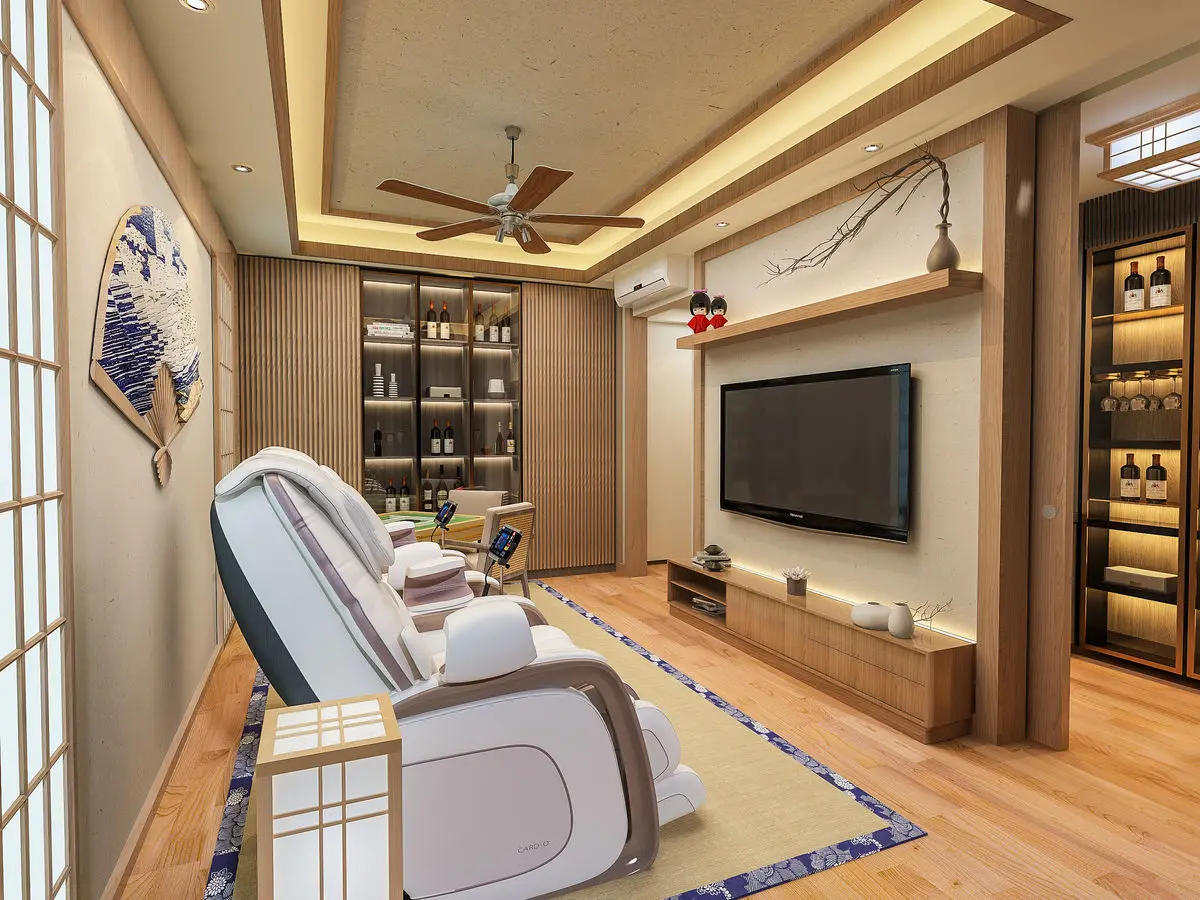 Family room with a massage chair, timber-framed TV wall and backlit display cabinets under a coffered ceiling