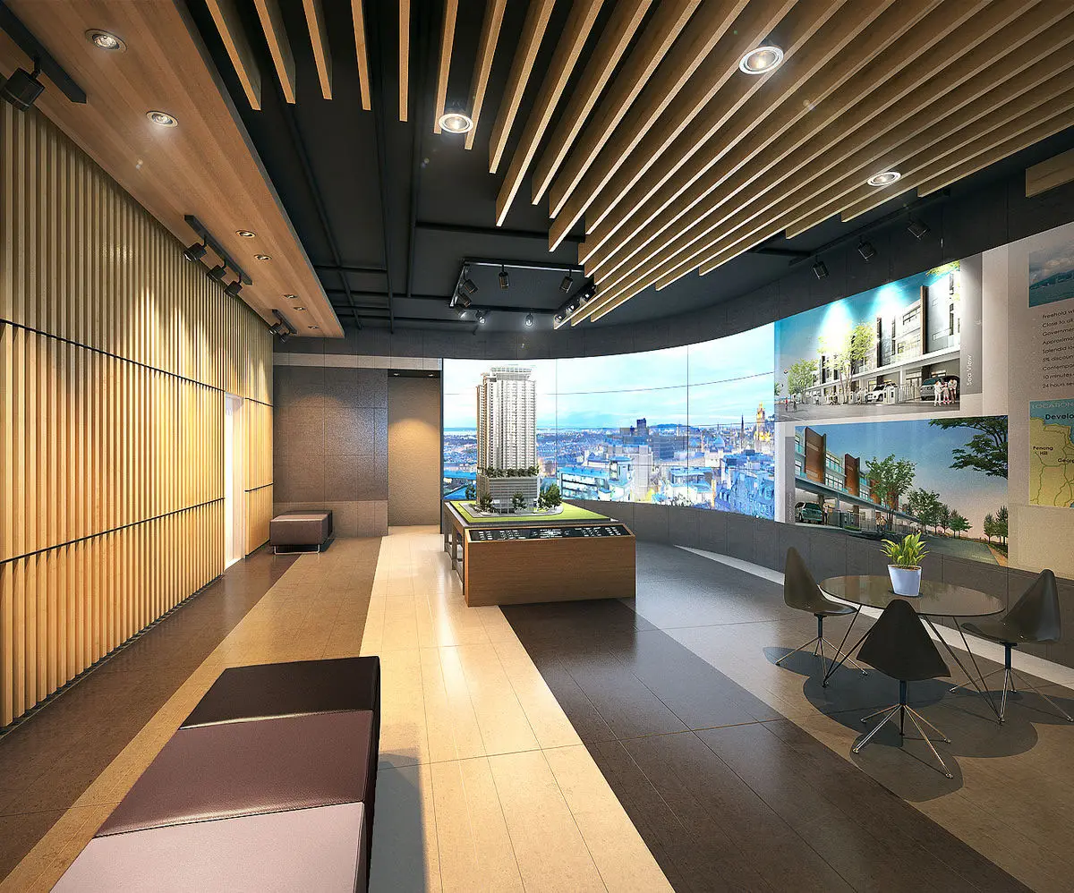 Sales gallery with a curved display wall, timber ceiling and a scale model